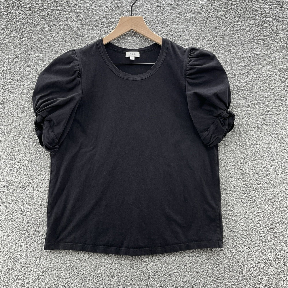 ALC Top Womens XL Black Kati Cotton Short Puff Sleeve Casual T Shirt Tee USA